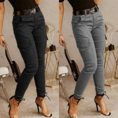 Solid Color Low-Waisted Women’s Trousers with Button and Pockets