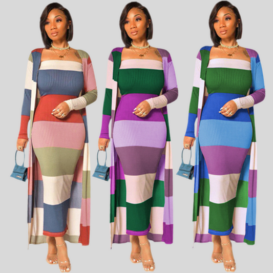 Stylish 2-Piece Striped Jacket and Dress Set