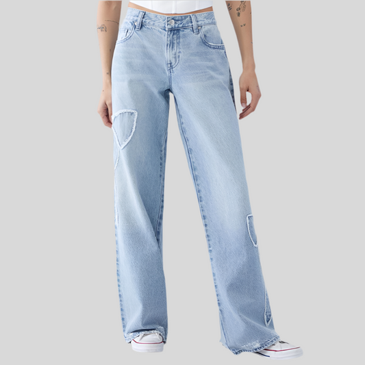 Embroidered Side Butterfly Straight Jeans with Frayed Hem