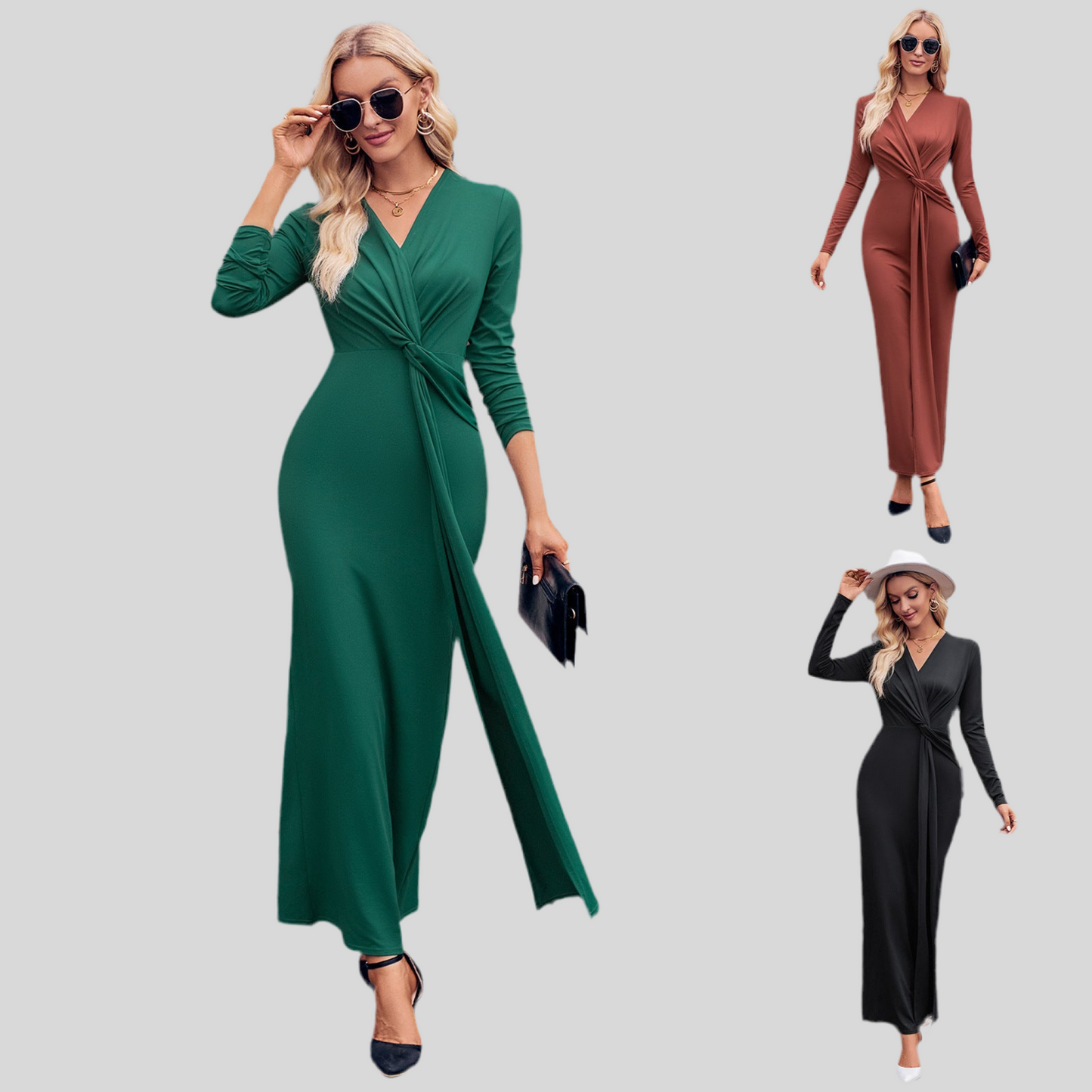 V-Neck Tied Waist Long Sleeve Dress