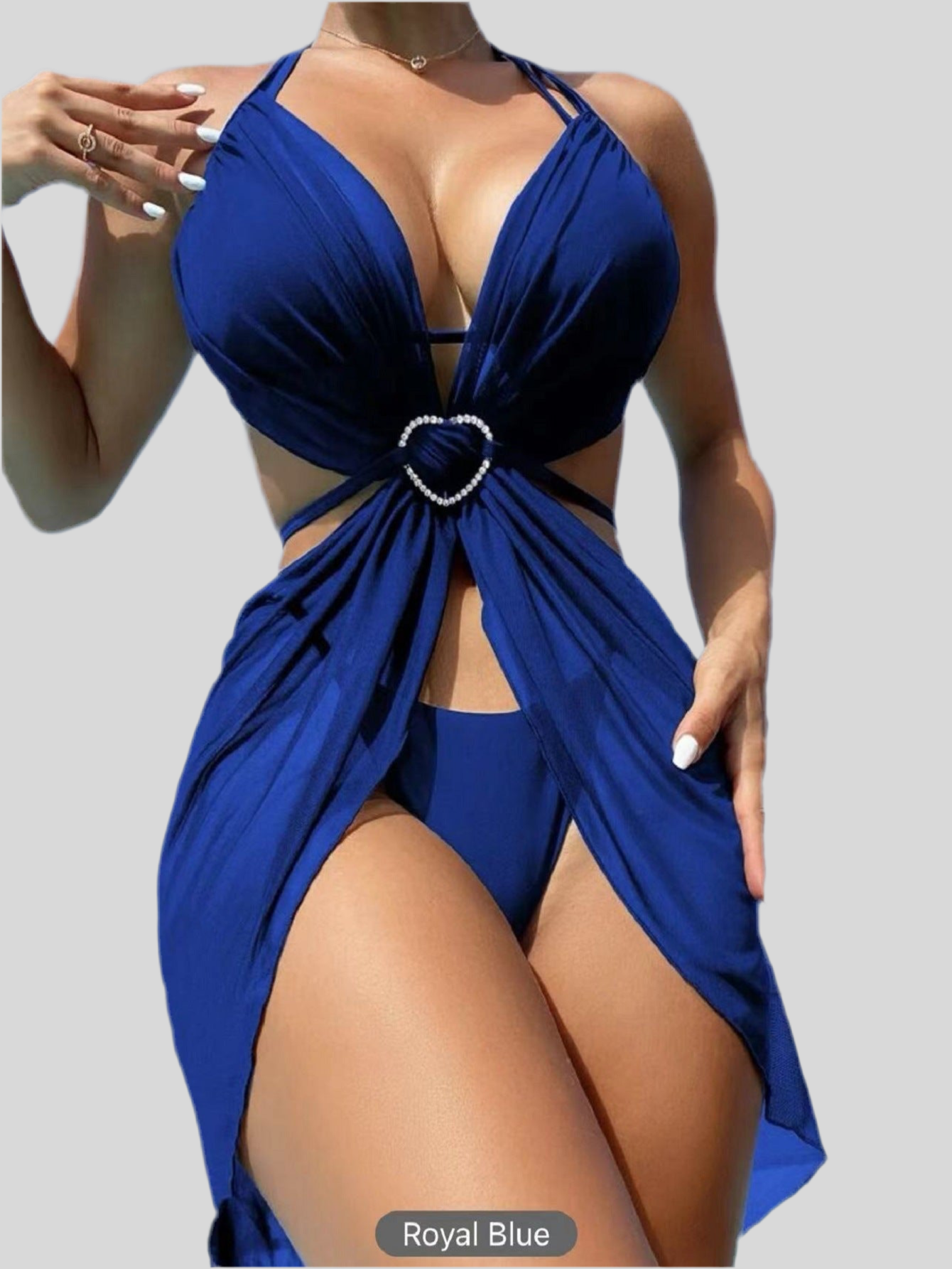 3-Piece Halter Neck Bikini Solid Color Split Swimsuit