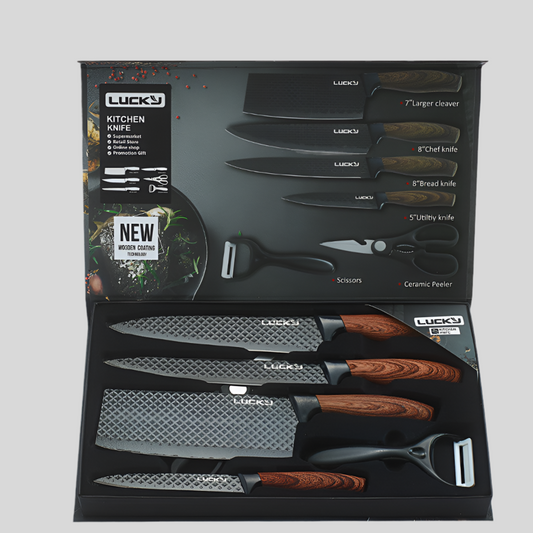 Six-Piece Set Of Stainless Steel Knives With Wooden Handle