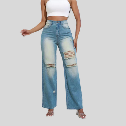 High Waist Ripped Straight Jeans with Pockets for Women