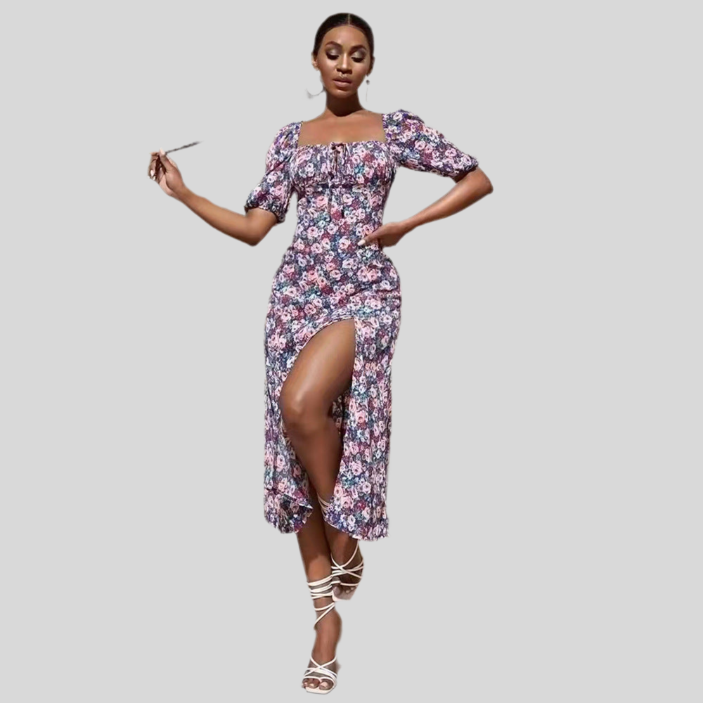 V-Neck Floral Split Midi Dress