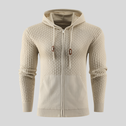 4-Season Knitted Zipper Hoodie with Leather 3D Print and Pockets