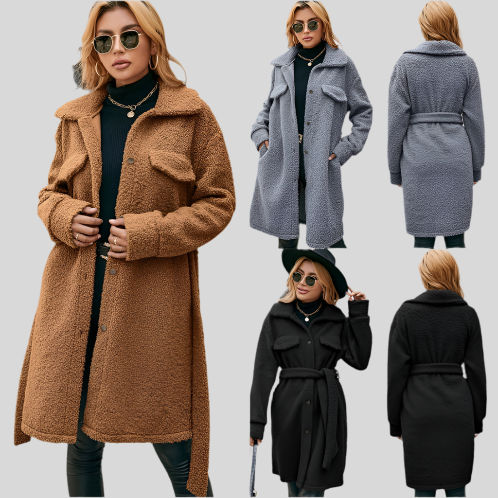 Plush Lapel Trench Coat with Belt and Single-Breasted Design