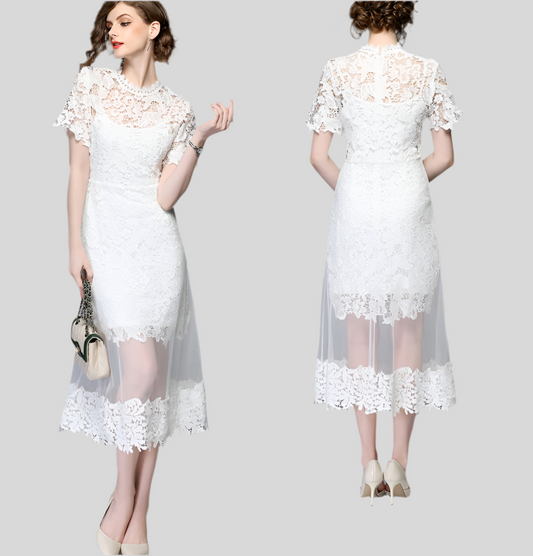 Mesh and Lace Stitching A-Line Dress