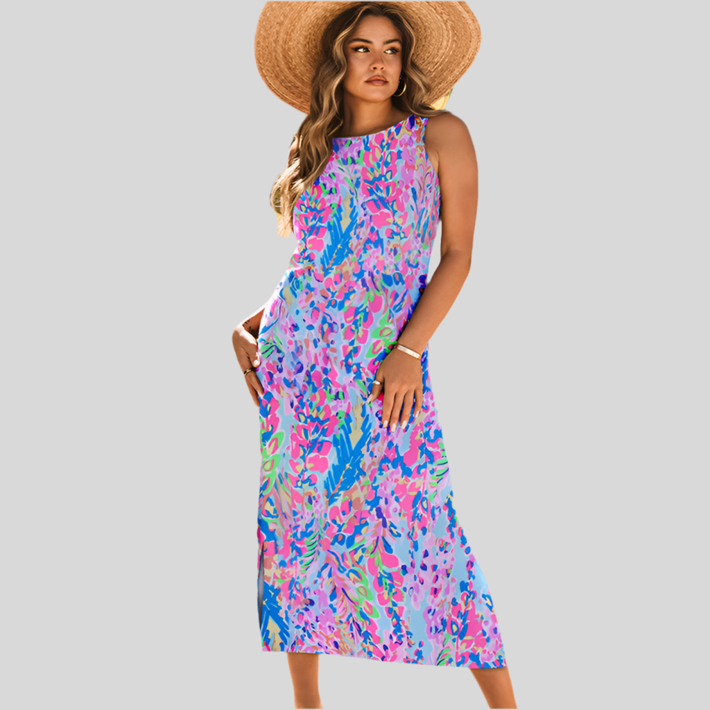 Round Neck 3D Print Maxi Dress