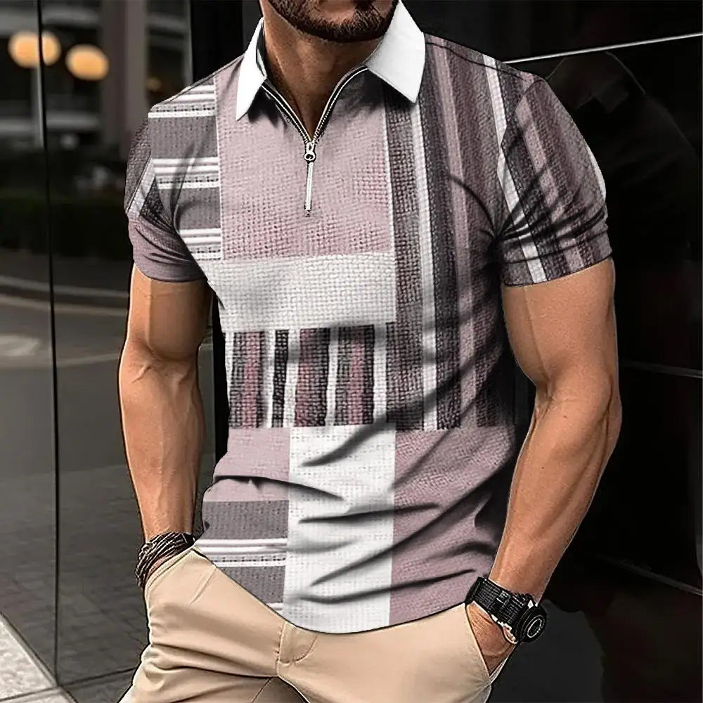 Men’s Retro Plaid 3D Zipper Lapel Short Sleeve Shirt