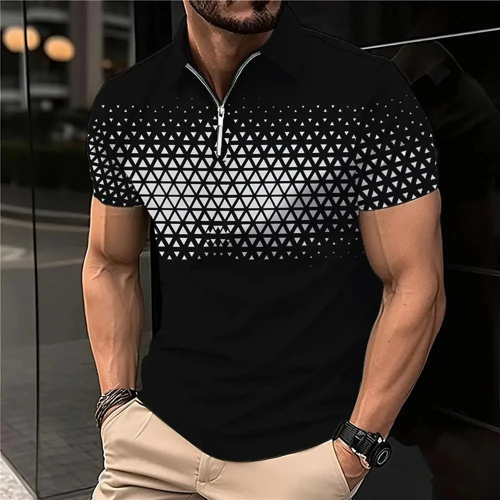 Men’s Retro Plaid 3D Zipper Lapel Short Sleeve Shirt