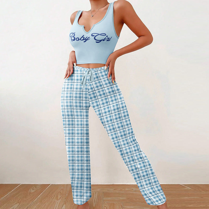 Women’s Color Matching Plaid Pajama Set with Letter Print Top