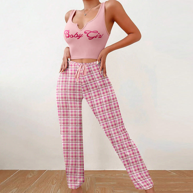 Women’s Color Matching Plaid Pajama Set with Letter Print Top