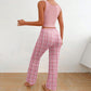 Women’s Color Matching Plaid Pajama Set with Letter Print Top