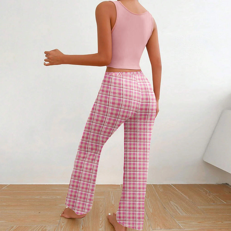 Women’s Color Matching Plaid Pajama Set with Letter Print Top