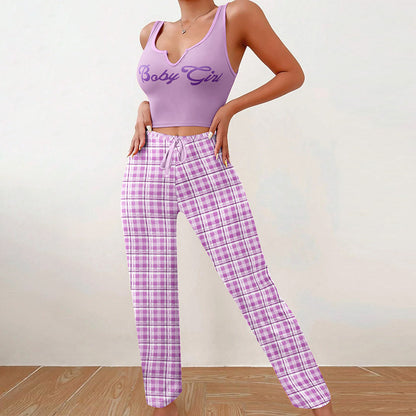 Women’s Color Matching Plaid Pajama Set with Letter Print Top