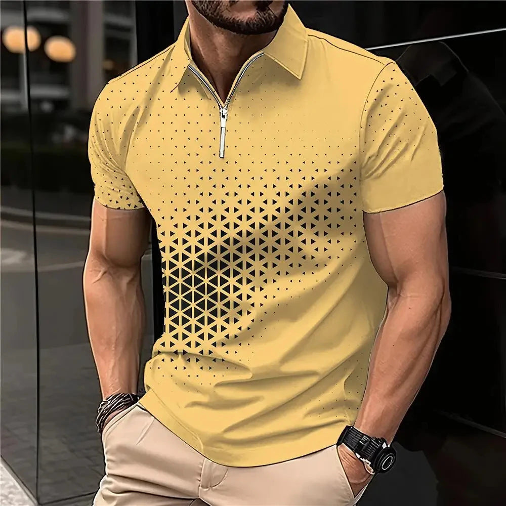 Men’s Retro Plaid 3D Zipper Lapel Short Sleeve Shirt