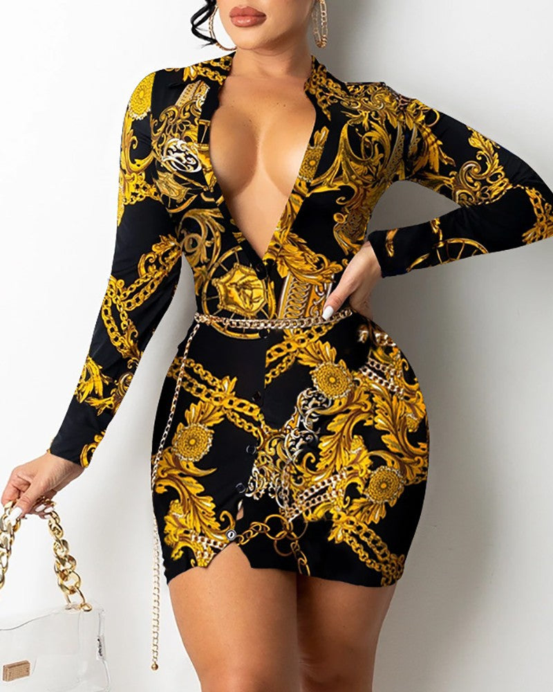 V-neck Stylish Printed Midi Dress