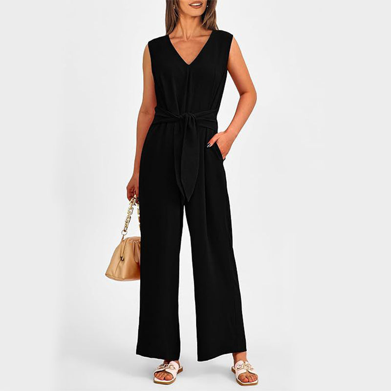 V-Neck Sleeveless Jumpsuit with Pockets and Lace-Up Wide-Leg Design