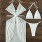 3-Piece Halter Neck Bikini Solid Color Split Swimsuit