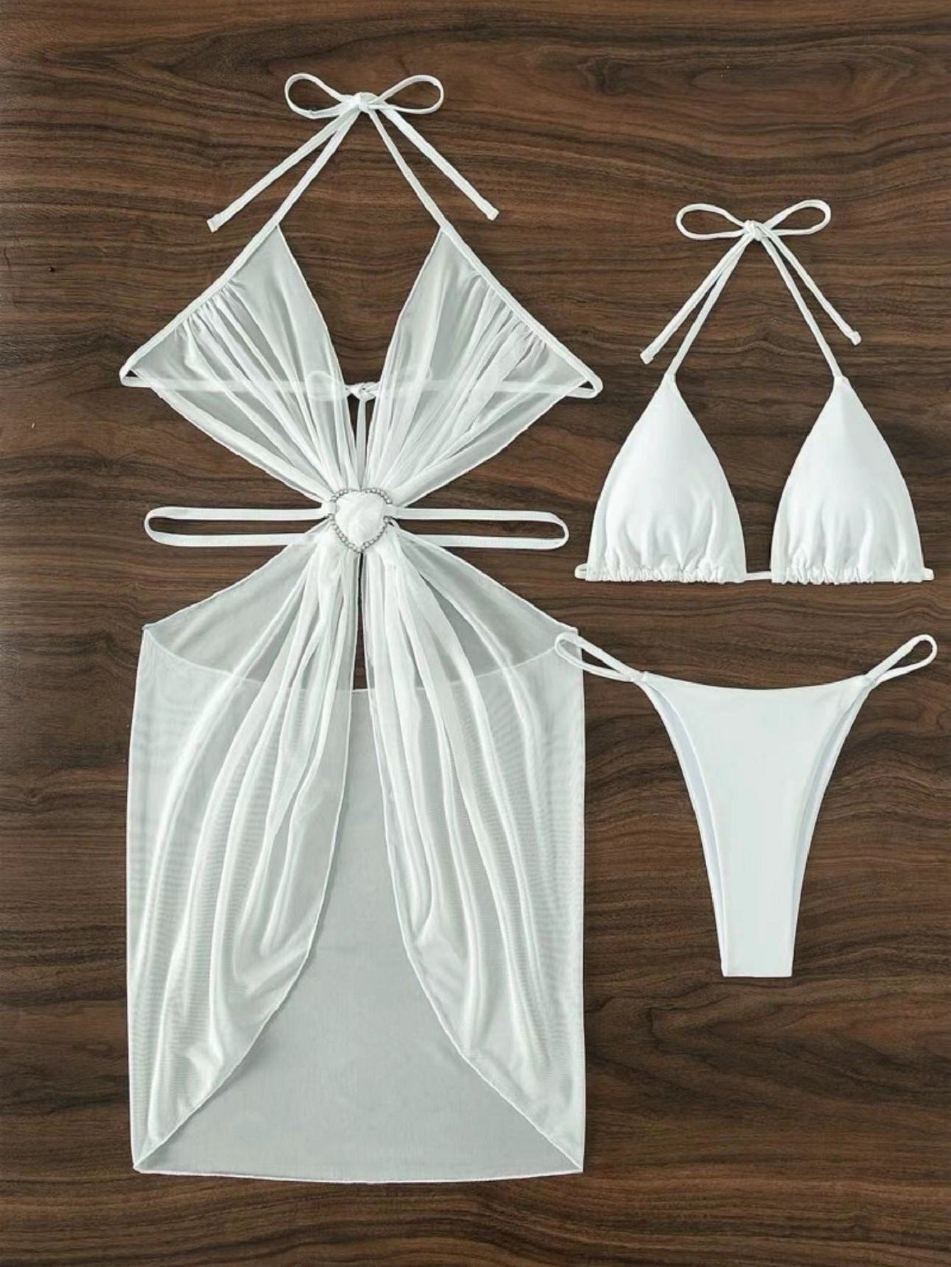 3-Piece Halter Neck Bikini Solid Color Split Swimsuit