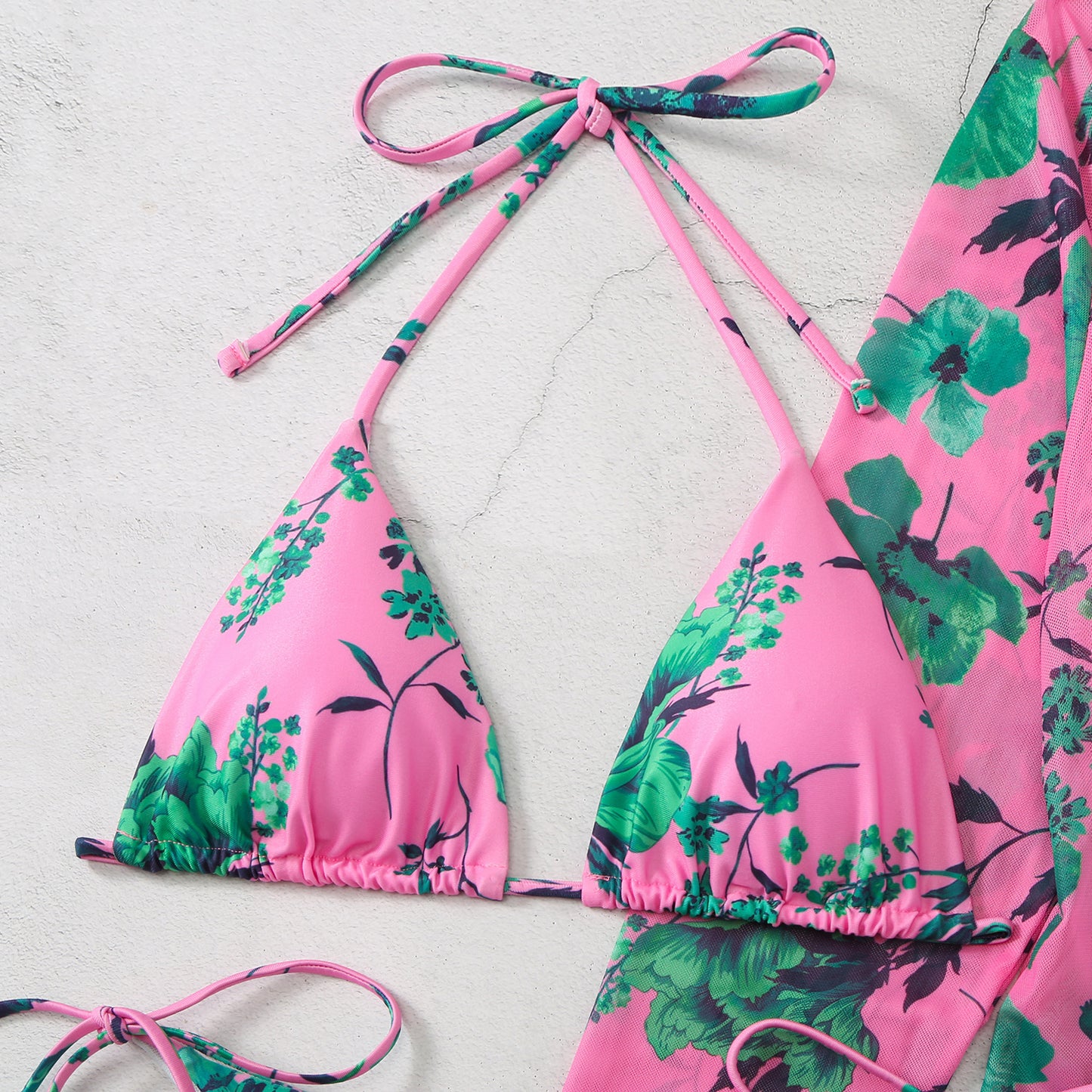 Printed Mesh Three-Piece Swimsuit Set