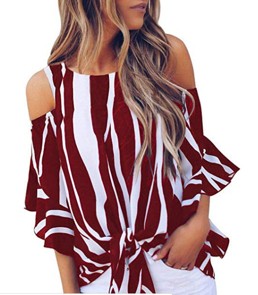 Round Neck Off-the-Shoulder Striped Flared Casual Top