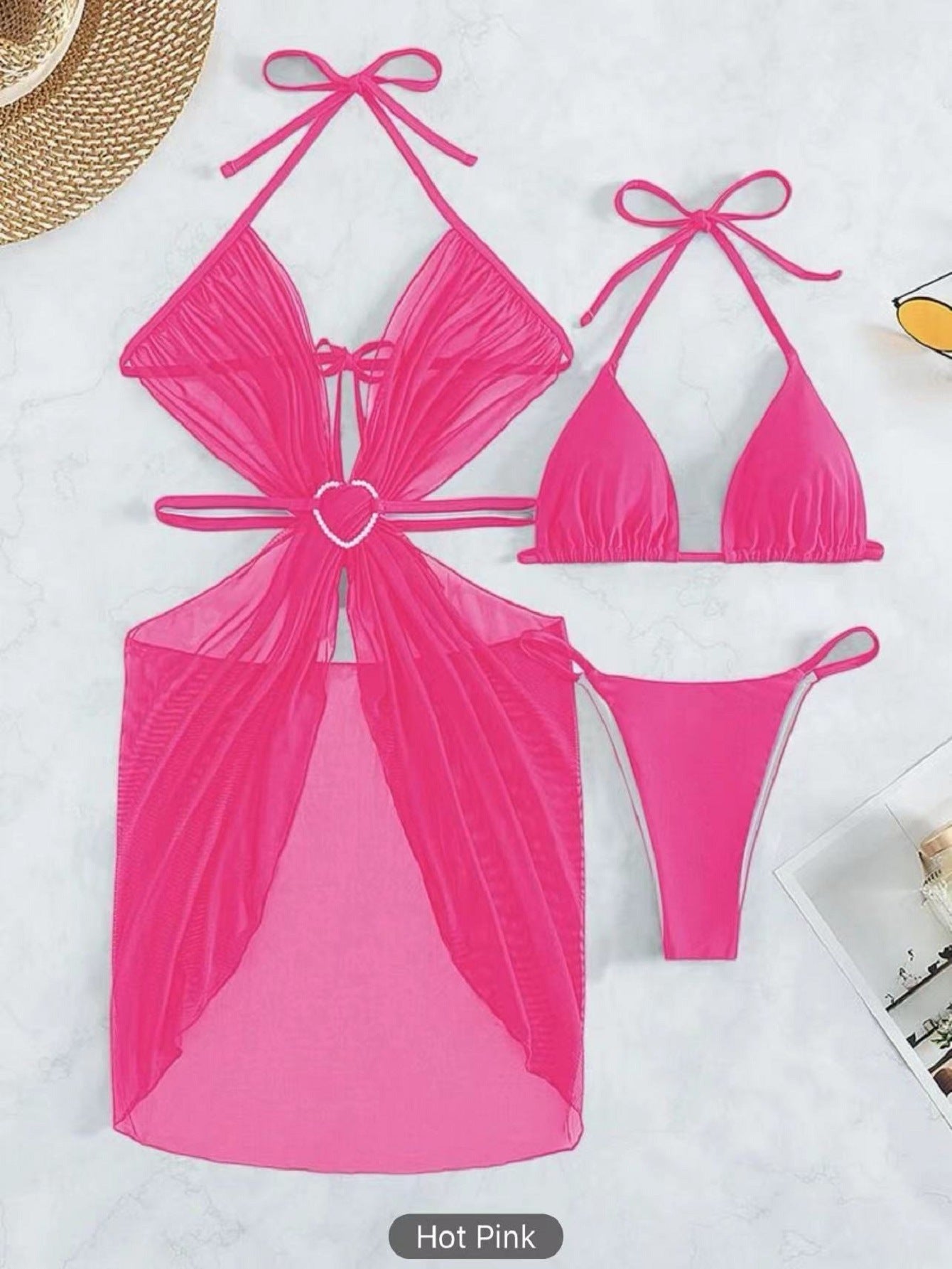 3-Piece Halter Neck Bikini Solid Color Split Swimsuit