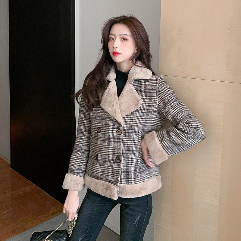 Plaid Luxe Woolen Fur Coat