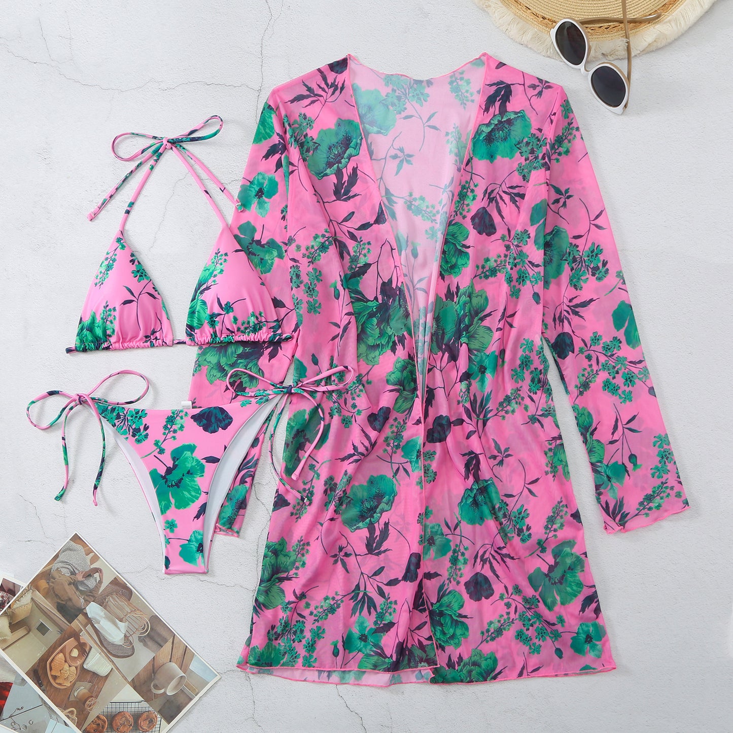 Printed Mesh Three-Piece Swimsuit Set