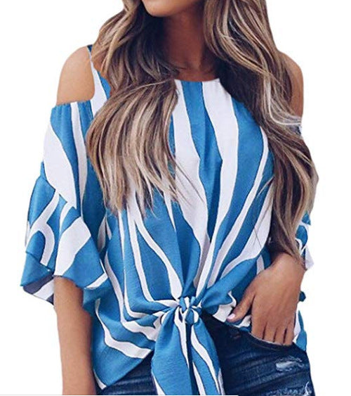 Round Neck Off-the-Shoulder Striped Flared Casual Top