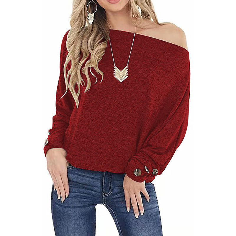 Women’s Off-shoulder Button Detail Long Sleeve Casual T-shirt