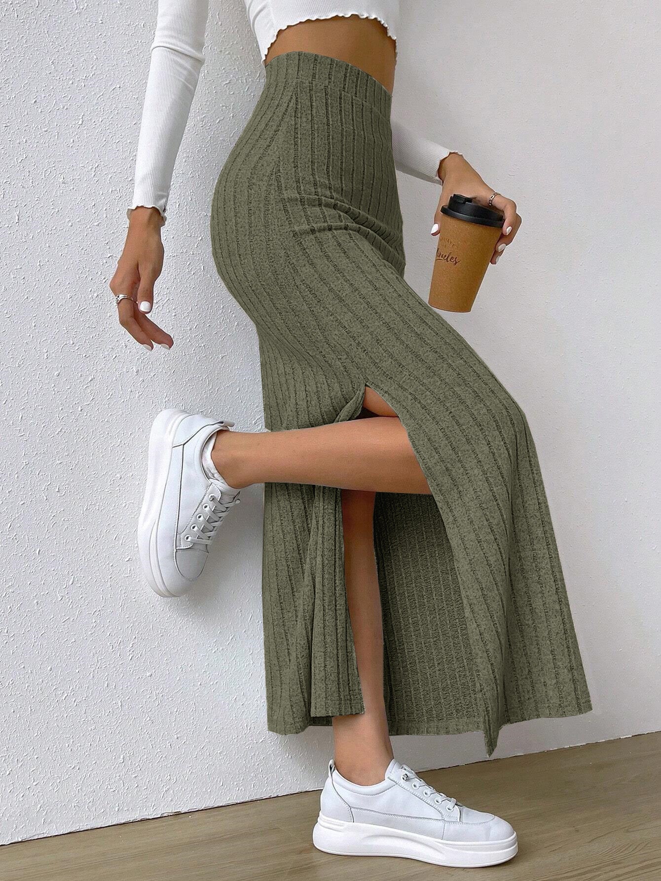 High Waist Side Slit Knitted Skirt