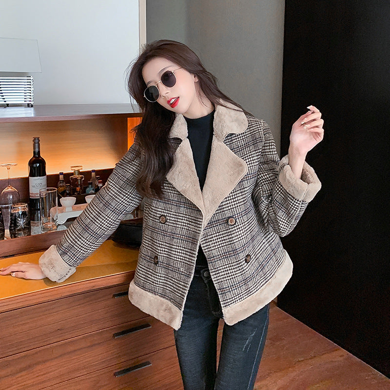 Plaid Luxe Woolen Fur Coat