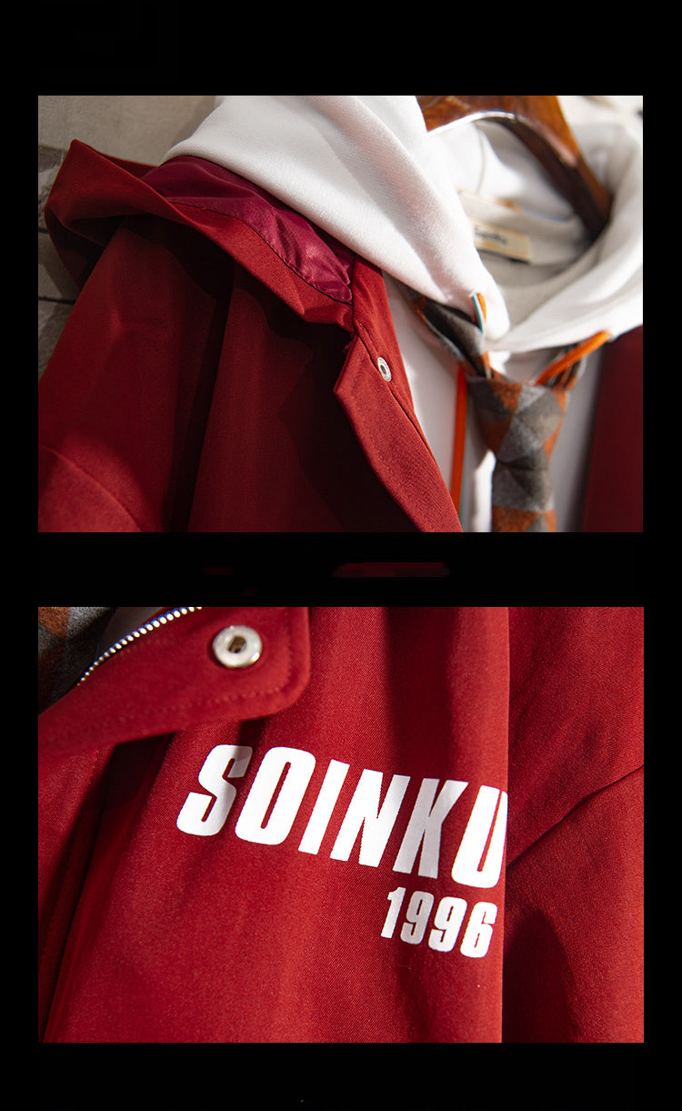 Red Solid Color Mid-length Windbreaker Jacket