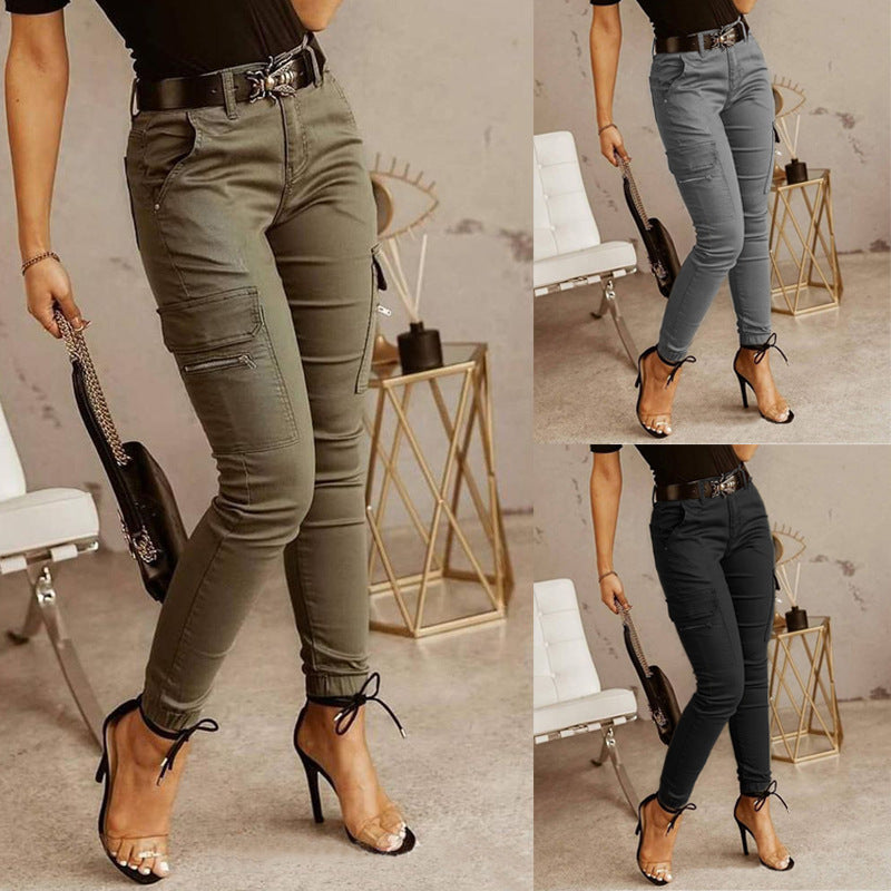 Solid Color Low-Waisted Women’s Trousers with Button and Pockets