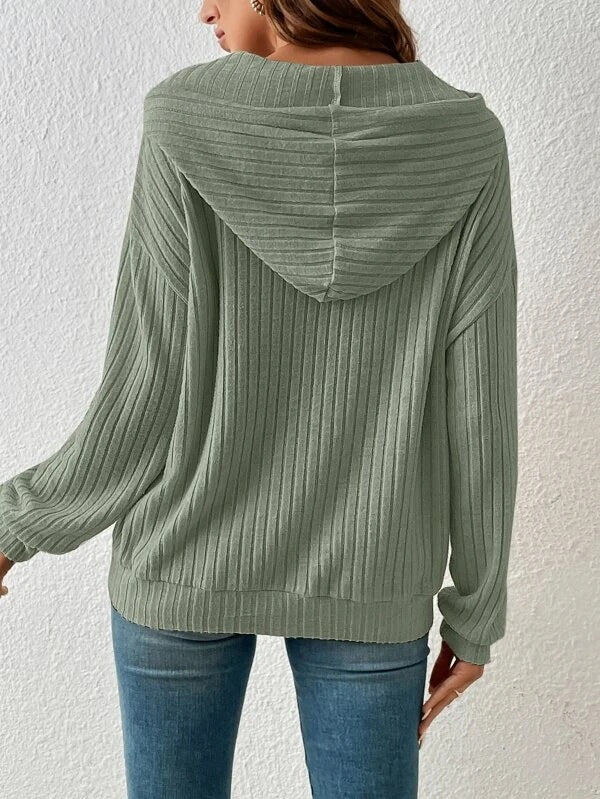 Drawstring Hoodie with Solid Stripe and Pockets for Women