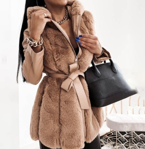 Faux Fur Trim Belted Jacket