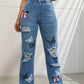 Trendy Butterfly Print High-Waisted Distressed Straight-Leg Jeans