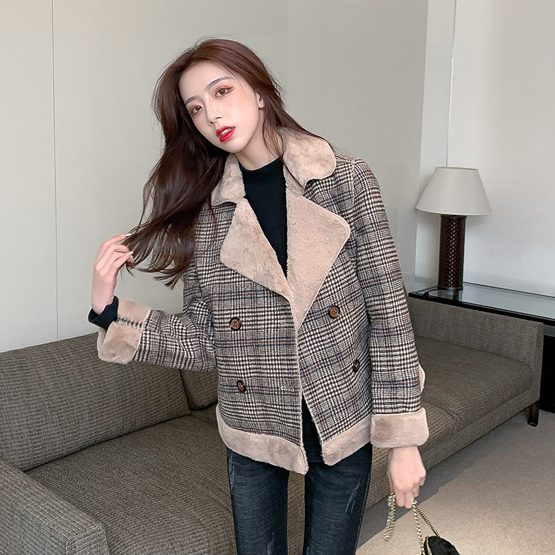 Plaid Luxe Woolen Fur Coat