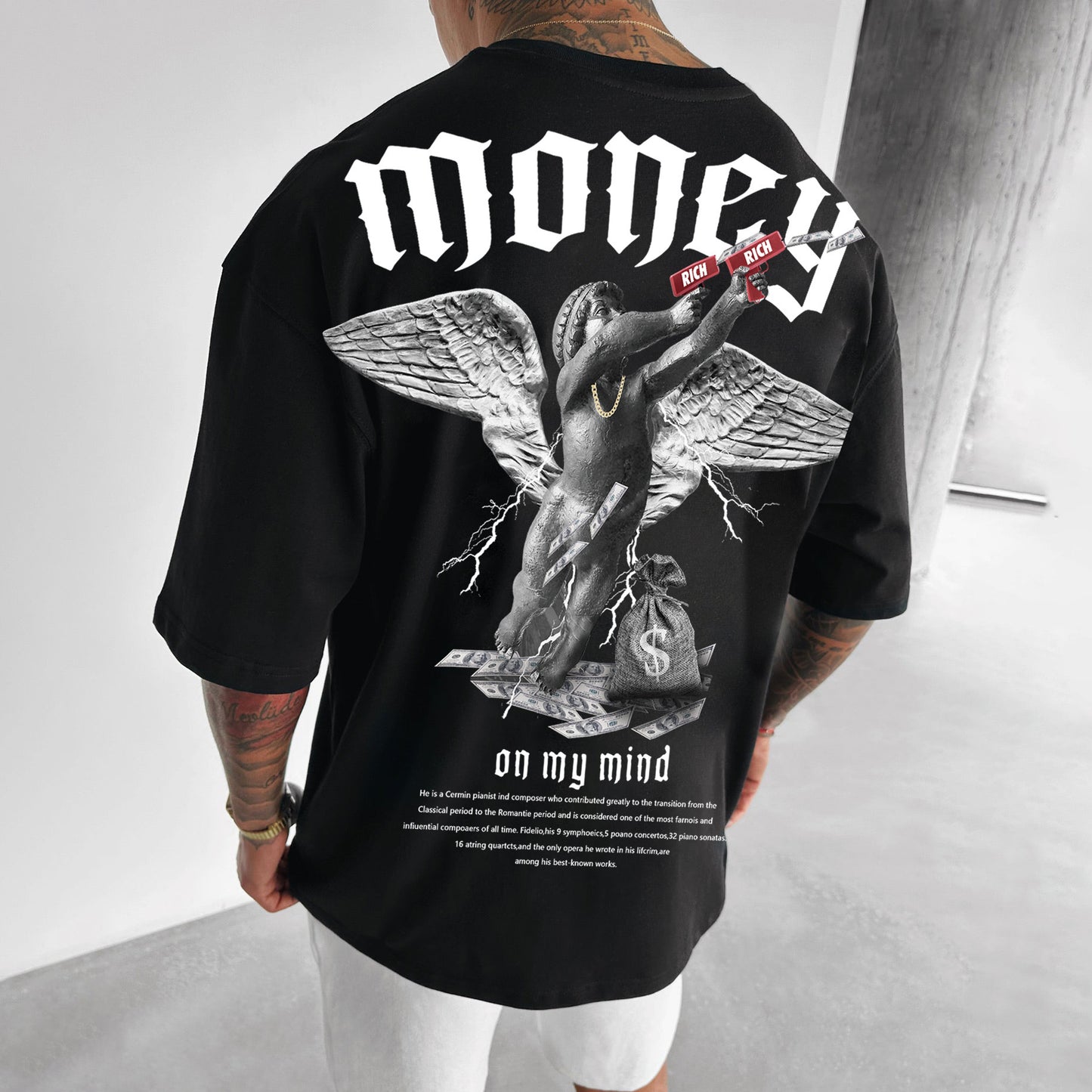 Men’s Loose Fit Money Angel Print Round Neck Short Sleeve T-Shirt