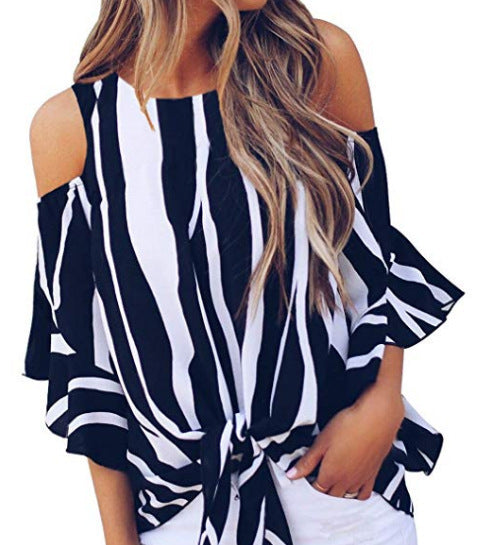 Round Neck Off-the-Shoulder Striped Flared Casual Top