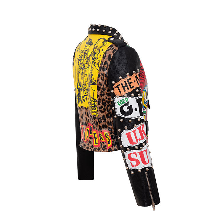 Printed Chain Leather Cropped Jacket