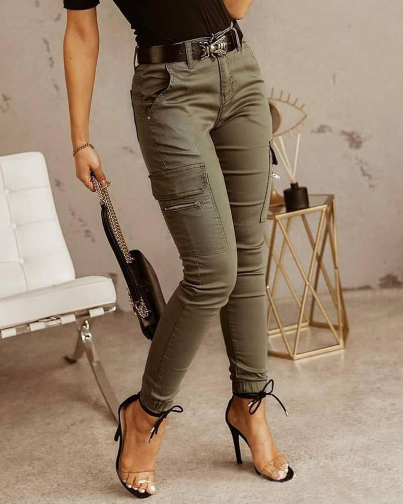 Solid Color Low-Waisted Women’s Trousers with Button and Pockets