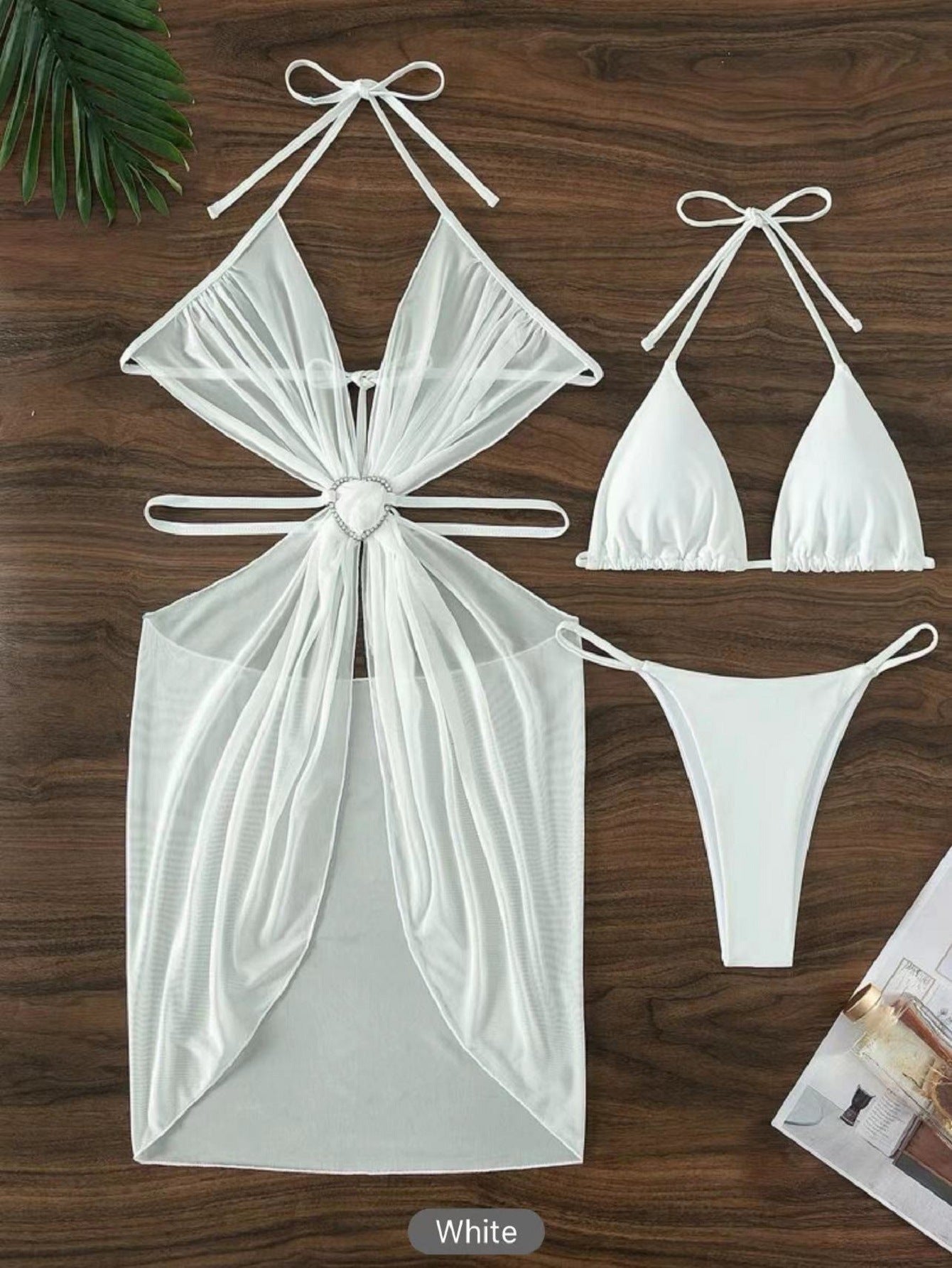 3-Piece Halter Neck Bikini Solid Color Split Swimsuit