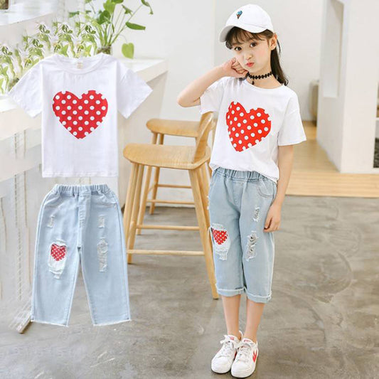 Girls White T-shirt Ripped Jeans Kids Suit