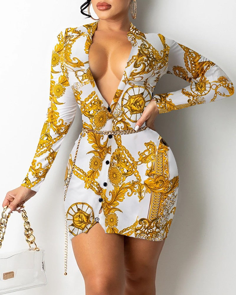 V-neck Stylish Printed Midi Dress