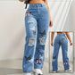 Trendy Butterfly Print High-Waisted Distressed Straight-Leg Jeans