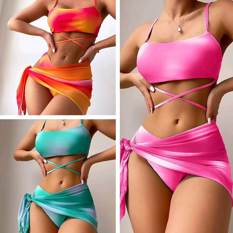 3-Piece Tie-Dye Print Bikini with Skirt Summer Beach Swimwear