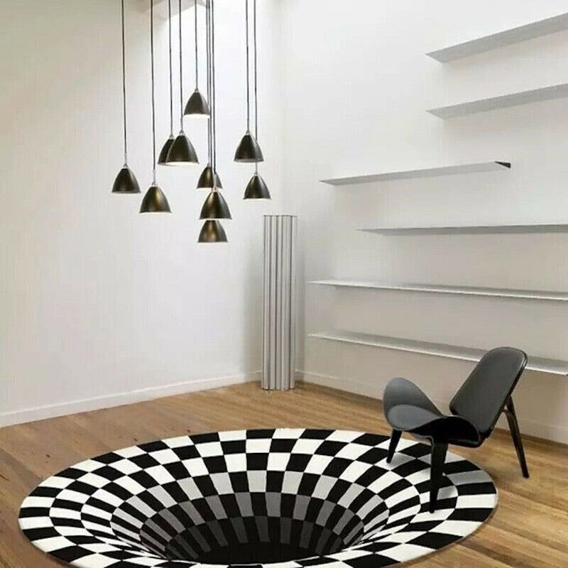 3D Vortex Illusion Rug Black & White Grid Anti-Slip Carpet