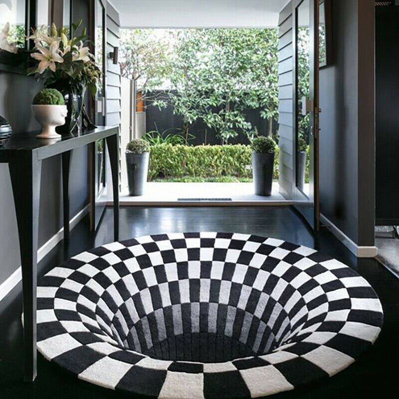 3D Vortex Illusion Rug Black & White Grid Anti-Slip Carpet